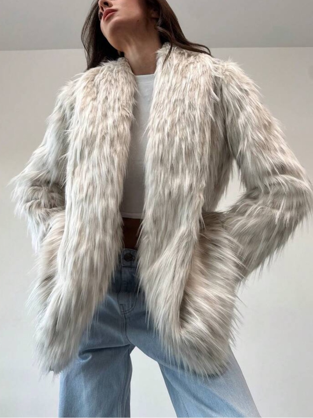 New White Long Fluffy Warm &  Turnover Collar Leopard Print Furry Jacket